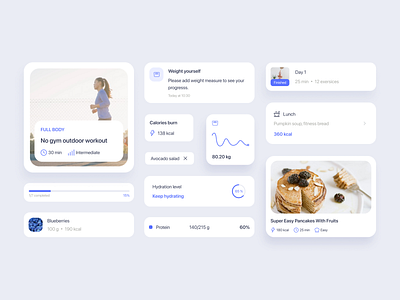 UI Cards Health Tracker clean ui component library health health tracker healthcare ios meal mobile design nutrition facts progress recipes reminder ui cards workouts