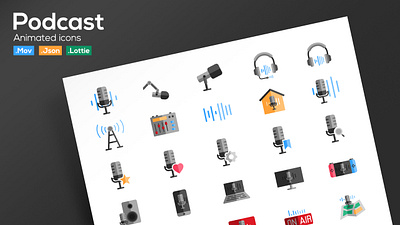 Podcast Animated Icons animation icon icon set illustration lottie lottie animation motion graphic podcast ui