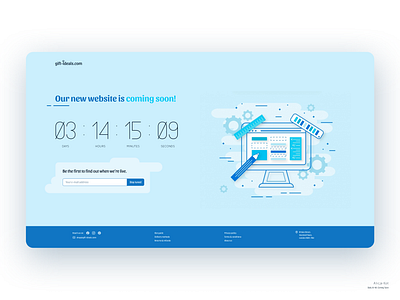 Daily UI #48: Coming Soon blue countdown timer dailyui dailyuichallenge day 48 desktop ui dribbble popular ecommerce flat design footer illustration mockup newsletter sign up form simple clean interface social media typography update user experience design website redesign