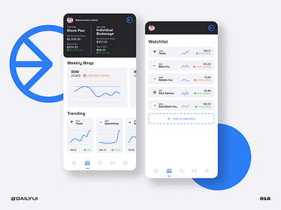 Stock app black blue challenge chart dailyui ecommerce graphs investing market mobile money stocks