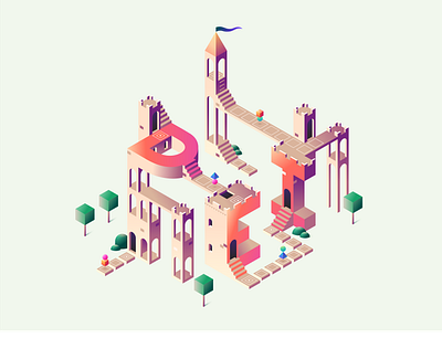 Monument valley inspired illustration castle composition diversity equity gaming geometry illustration inclusion landscape monument valley visual