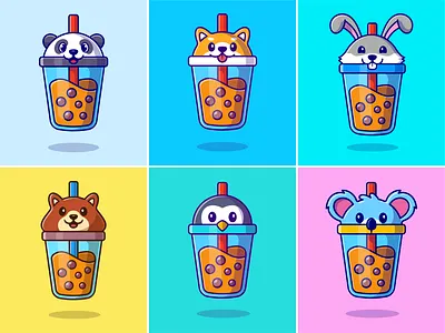 Animal boba🐼🐰🥤 boba bubble chocolatte coffee cute cute animal cute animals drink elephant icon illustration jar koala logo milkshake panda penguin rabbit straw topping