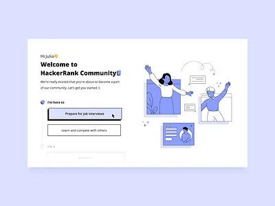 Onboarding Concept - HackerRank Community branding concept design figma hackerrank illustration illustrator minimal onboard product purple shadows trending typography ui web