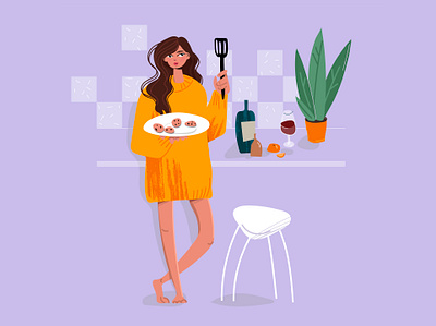 A young beautiful girl in the kitchen prepares cookies cartoon character chef cooking cuisine delicious dinner female happy illustration interior person vector wine