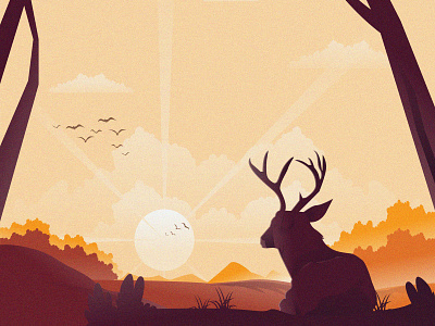 Sunset animals bird cloud deer deer head deer illustration dribbble dribbble best shot flat grass illustration illustrator mongolia nature illustration sane sunset sunset illustration tree unblast vector