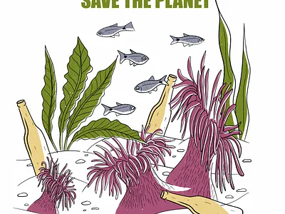 Save the planet actinia bottle bottom earth fish garbage illustration ocean planet procreate save earth sea vector