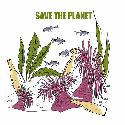 Save the planet actinia bottle bottom earth fish garbage illustration ocean planet procreate save earth sea vector