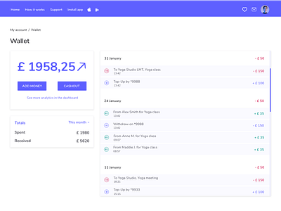 Wallet page app financial indigo material design ui wallet