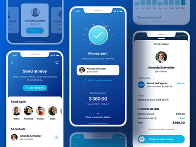 Send Money - Finance App UI Kit app banking budgeting app business chart confirmation contacts credit card finance graphic design interface mobile payment send money success transaction ui ux wallet web