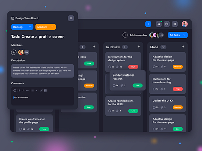 Task Manager Dashboard - Dark Theme board dark mode dark theme dark ui dashboad dashboard design design task management task manager tasks team work ui ux web