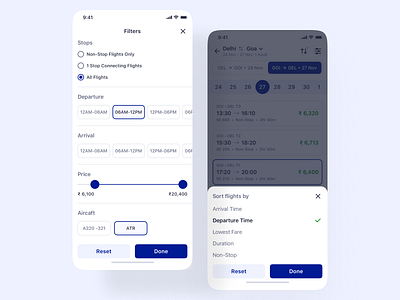 Filters and Sorting - Flight Booking - iOS App Design booking bottom drawer datepicker filter ui filtering filters flight app flight booking flight booking app flight search ios ios14 mobile app design mobile ui navigation navigation drawer range slider slider sort by sorting