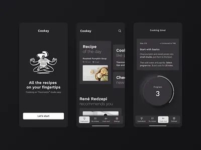 Cooksy Mobile App Freebie Darkmode bakery cooking app culinary dark mode dark ui dashboard ui flow food app ios kitchenware library app minimal mobile app modal recipe app restaurant service app startup tasty ux ui