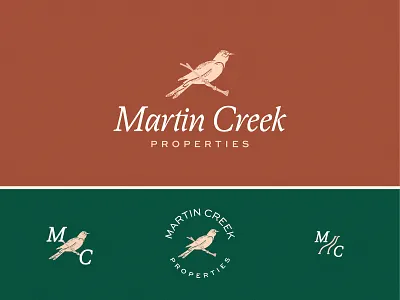 Martin Creek Properties airbnb badge bird blush brand creek hospitality illustration italic mansion mc monogram nest perch property purple martin river rustic terracotta texas