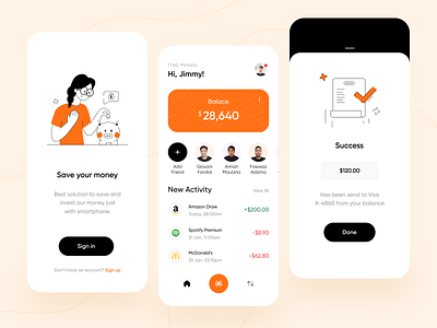 Mobile Banking App Exploration 💸 add friends balance banking banking app finance fintech ios login mobile mobile app mobile banking mobile banking app mobile design mobile ui orange product sign in success wallet wallet app