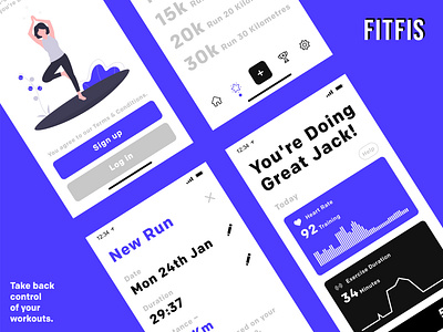 Fitness App UI Design Presentation app app design black black white branding design fit fitness app fitness logo illustration ios logo minimal mobile app mobile app design purple typography ui ux