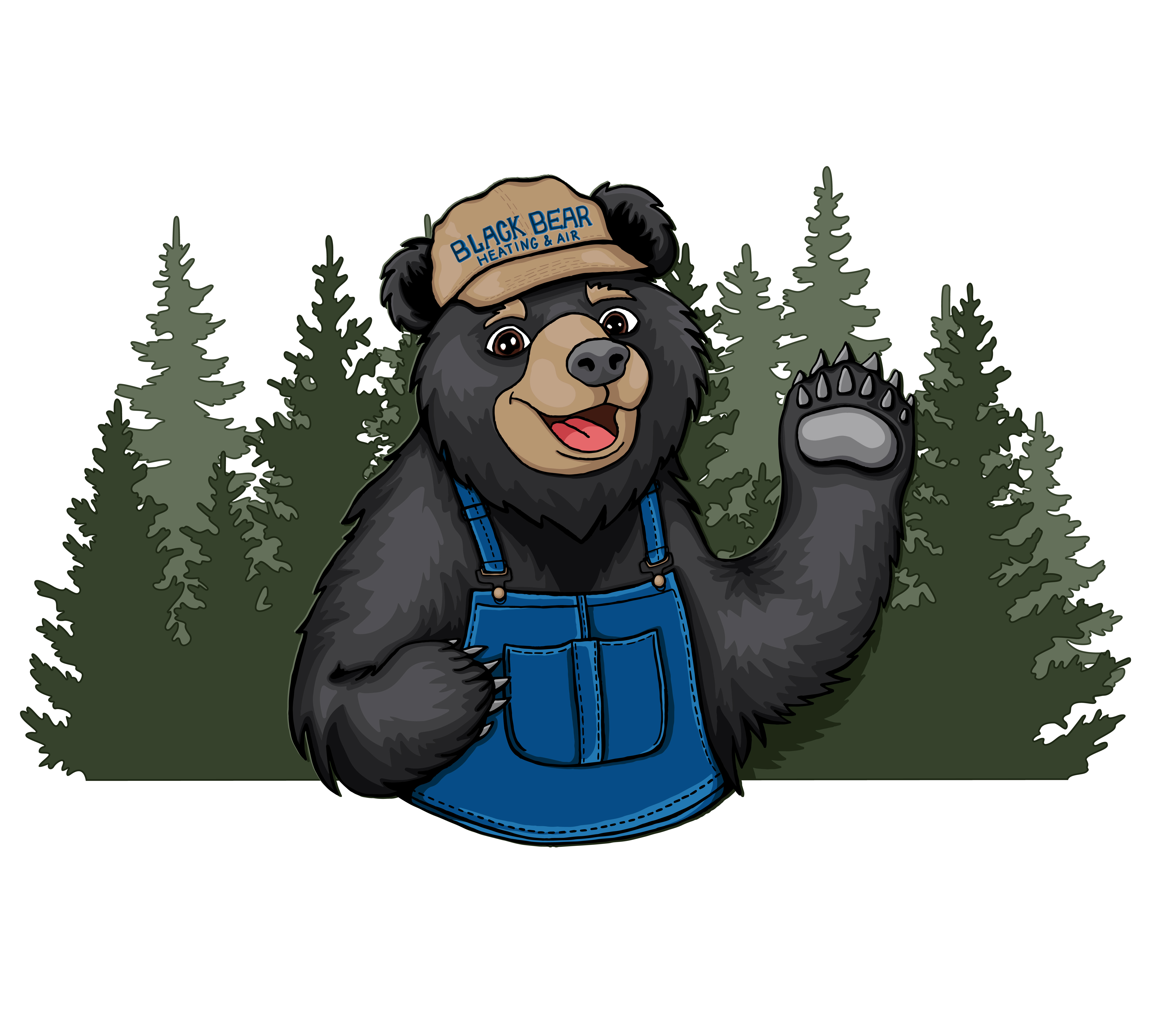 Black Bear Heating & Air Illustration black bear cartoon forest hat illustration nature overalls smiling trees vector waving