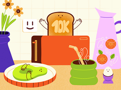 Toast to 10K followers! 🥂 10k art avocado character cheers colorful cute drawing floewrs followers glass kitchen milestone still life sweet thank you toast toaster warm