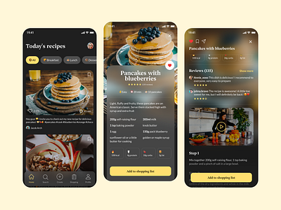 Instafood mobile app app cook dark darkmode design figma food food stories foodie fruits inspiration instagram kitchen mobile receipt social stories ui ux yellow