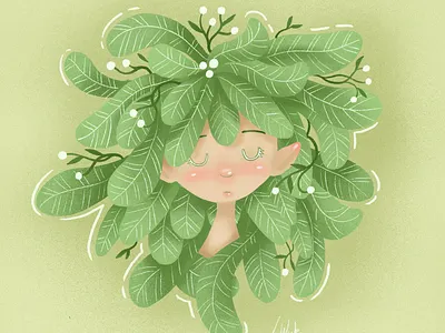 Growth character fantasy green hair illustration leaves nature plants procreate