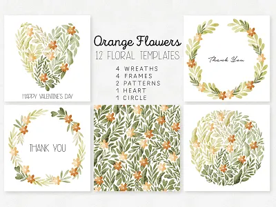 Orange Flowers Templates botanical botany cute fall floral frame greeting card heart illustration laurel leaves logo pattern template valentines day wreath