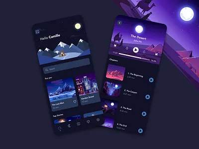 Night Stories adobe xd app app design audio app audiobook free free resource meditation meditation app meditations minimal mobile night prototype redesign sleep sleep app sleeping ui vector