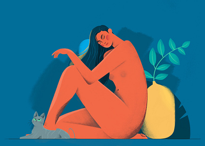 Tenderness 2d animal animation cat character design girl human illustration naked nature nude plants vector