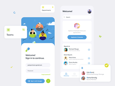 Employee directory mobile app account app details log in logo menu mobile app onboarding profile report search settings sign in sign up signup