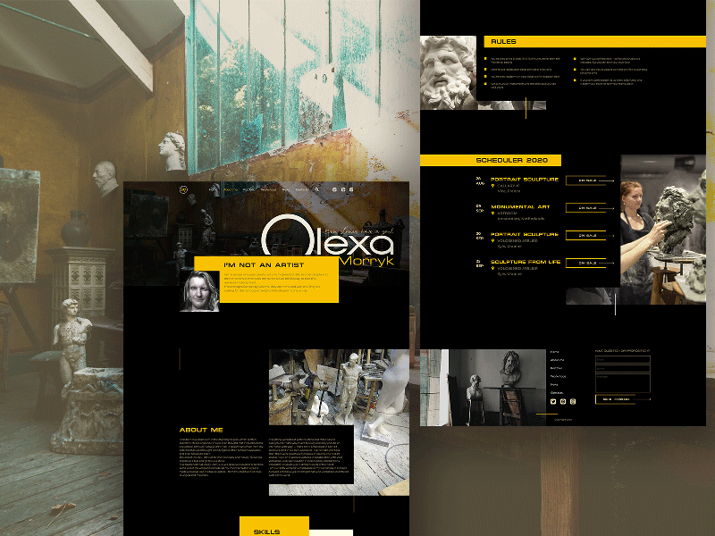 Pages About and Workshops. Website for a sculptor animated gif animation broken grid concept dark theme dark ui design gif page design personal website sculptor ui ui design uidesign uiux ux web web design website website design