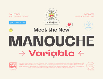 Manouche Font Family display font fun grotesque illustrations sticker typeface unique variablefont