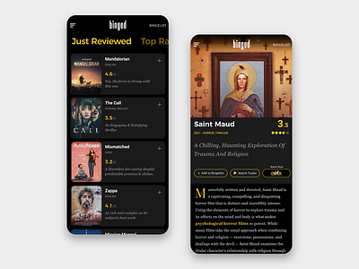 Binged - Movies & TV Mobile Interface android dark interface ios minimal mobile mobile app movie movies app rating review yellow