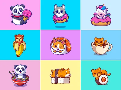Food animal🐼🍦🐒🍌 animal cat coffee cute dog donuts fast food food fruit ice cream icon illustration logo meal monkey noodle panda ramen sushi unicorn