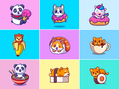 Food animal🐼🍦🐒🍌 animal cat coffee cute dog donuts fast food food fruit ice cream icon illustration logo meal monkey noodle panda ramen sushi unicorn