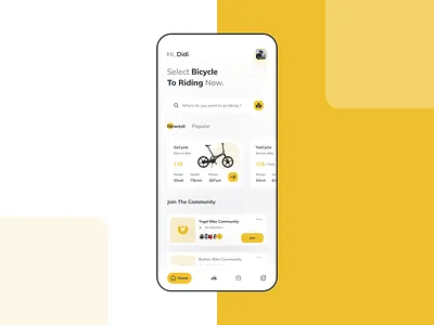Bicycle Rental Interaction animation app bicycle bicycle app bike clean design company electric folding bike interaction ios iphone location maps rental sport time ui design ux design yellow