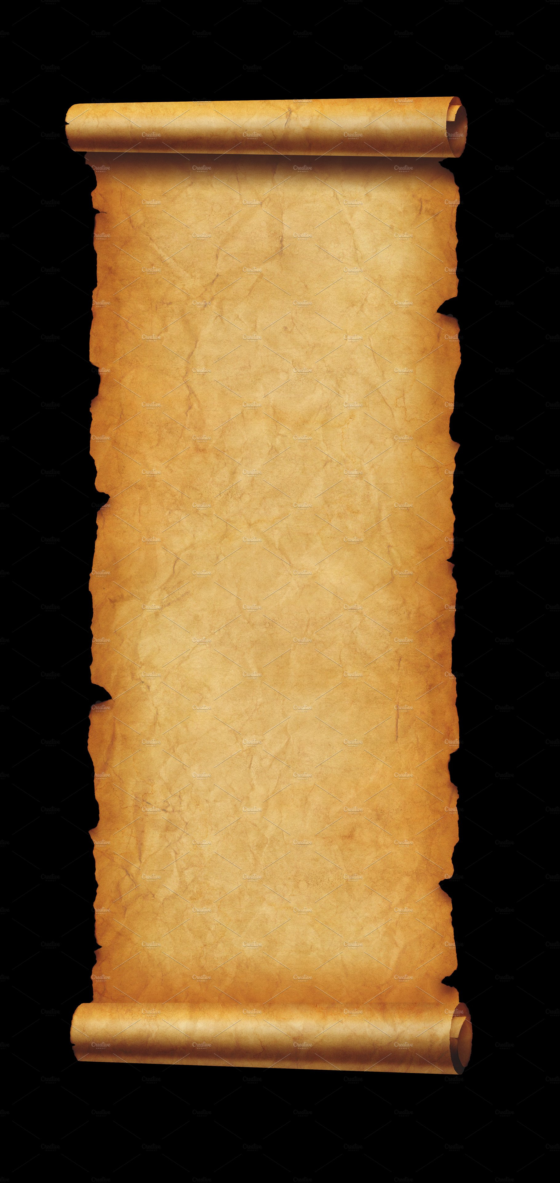 Old paper vertical banner. Parchment scroll isolated on black by
