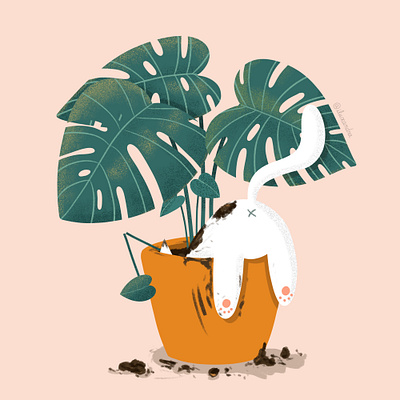 Cat digging intro a Monstera Deliciosa pot cat design greenery illustration monstera monstera deliciosa procreate