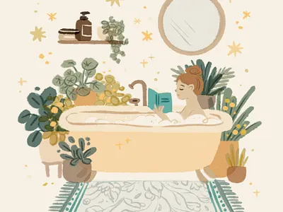 Slow down living | take a bath bath bathroom character chill editorial female girl illustration interior ipad ipadpro lifestyle mental health plants procreate relax self care slow living welness woman