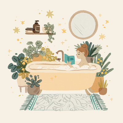 Slow down living | take a bath bath bathroom character chill editorial female girl illustration interior ipad ipadpro lifestyle mental health plants procreate relax self care slow living welness woman