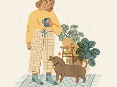 Slow Down Living | PJs all day character cozy dog illustration girl illustration interior ipad ipadpro lifestyle living mental health pajamas pet pjs plants procreate slow living welness