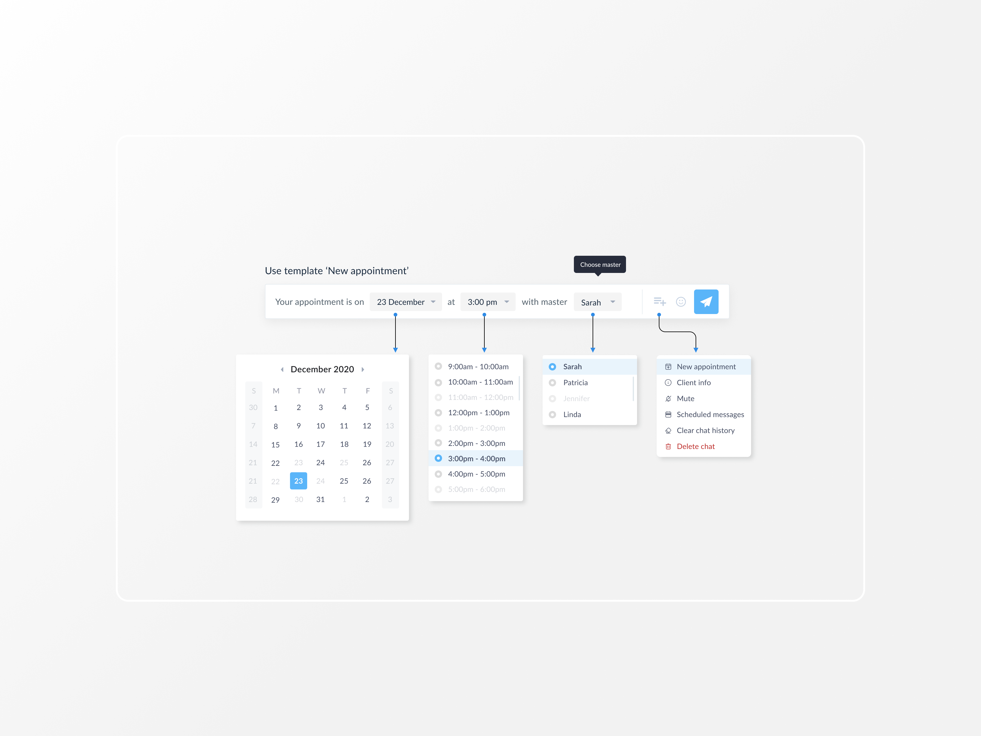 Appointment template appointment arrows booking calendar chat chatbot clean dropdown menu messages product time tooltip ux