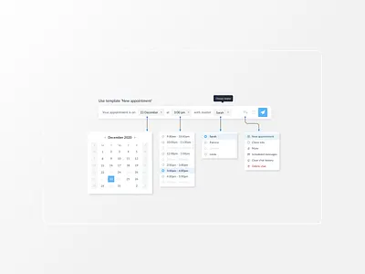 Appointment template appointment arrows booking calendar chat chatbot clean dropdown menu messages product time tooltip ux