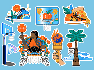 Basketball sticker pack badge baseball basketball branding cartoon design flower game girl power illustration new yourk play print shoes snickers sticker street streetball typography vector