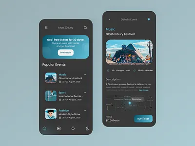 Event App app app design booking daily ui dark dark app dark mode dark ui design event event app gradient mobile music ticket ui design uiux uiuxdesign ux design