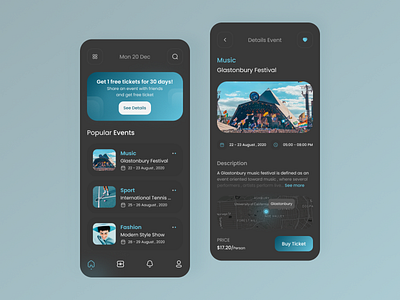 Event App app app design booking daily ui dark dark app dark mode dark ui design event event app gradient mobile music ticket ui design uiux uiuxdesign ux design