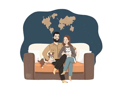 Family on Couch Illustration Series blue brown cat character character design couple design digital art dog family flat girl grain home illustration love minimal pets vintage