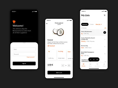 Ordering App UI #1 add app black card delivery detail floating button food list login minimal mobile order ordering price shop ui ux white