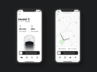 Zero-emissions car rental app auto automobile automotive black car car rent car sharing fleet mobile rent rental rental app tesla transportation transportation app ui ui ux ux white