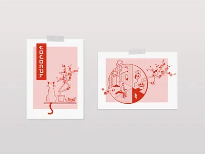 Custom Illustrated Print work cat cherry blossom coconut duo tone duotone flat illustration isometric isometric illustration japanese optical illusion prints siamese siamese cat surreal surrealism