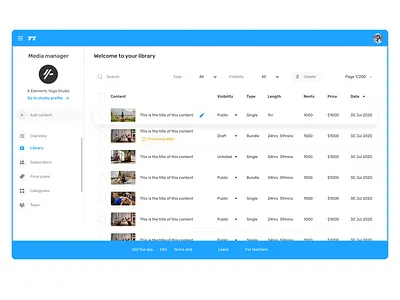 Media manager dashboard bundle content creation content library creator studio dashboad figma learning playlist prototype saas saas design table training video app video library yoga