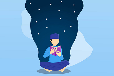 muslim child read book in the night animation app art design designgraphic flat graphic design illustration vector vectordesign