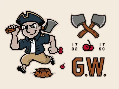 G. Washington Mascot & Elements axe character character design cherry cherry tree george washington illustration lettering lumberjack mascot mischief myth mythology patriot patriotism president sports stump typography wood